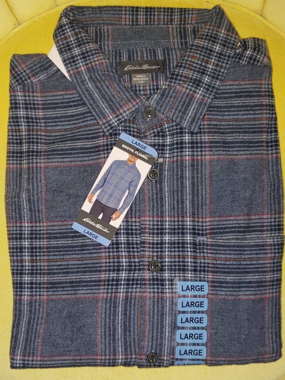 NWT-Eddie Bauer Chambray Blue Button-Front Bristol Flannel  Shirt Large